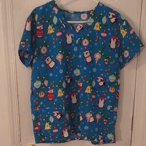 Smart Scrubs Festive Blue Penguin Pajama Top